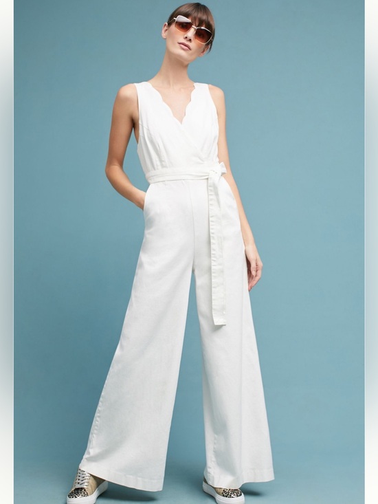 Anthropologie Pants - ANTHROPOLOGIE CHINO NEW Ivory Scalloped Chino Jumpsuit Wide Leg 6 Stretch